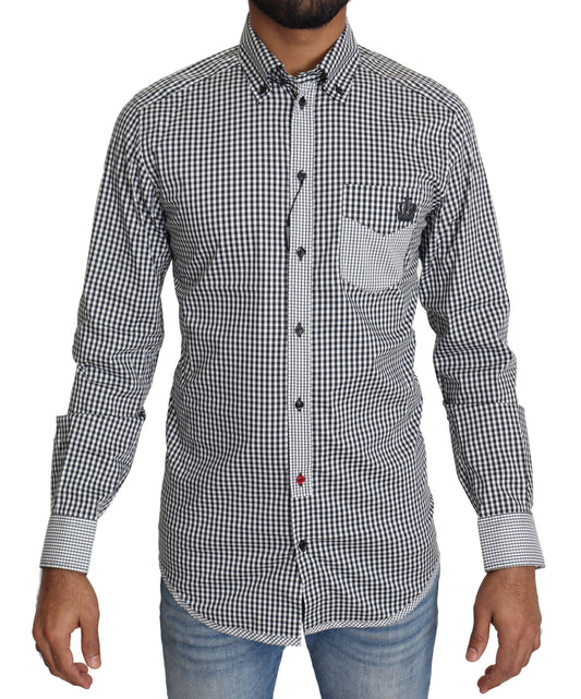 Dolce &amp; Gabbana Elegante camisa casual dorada a cuadros en blanco y negro