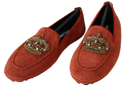 Dolce &amp; Gabbana Opulent Orange Leather Loafers with Gold Embroidery