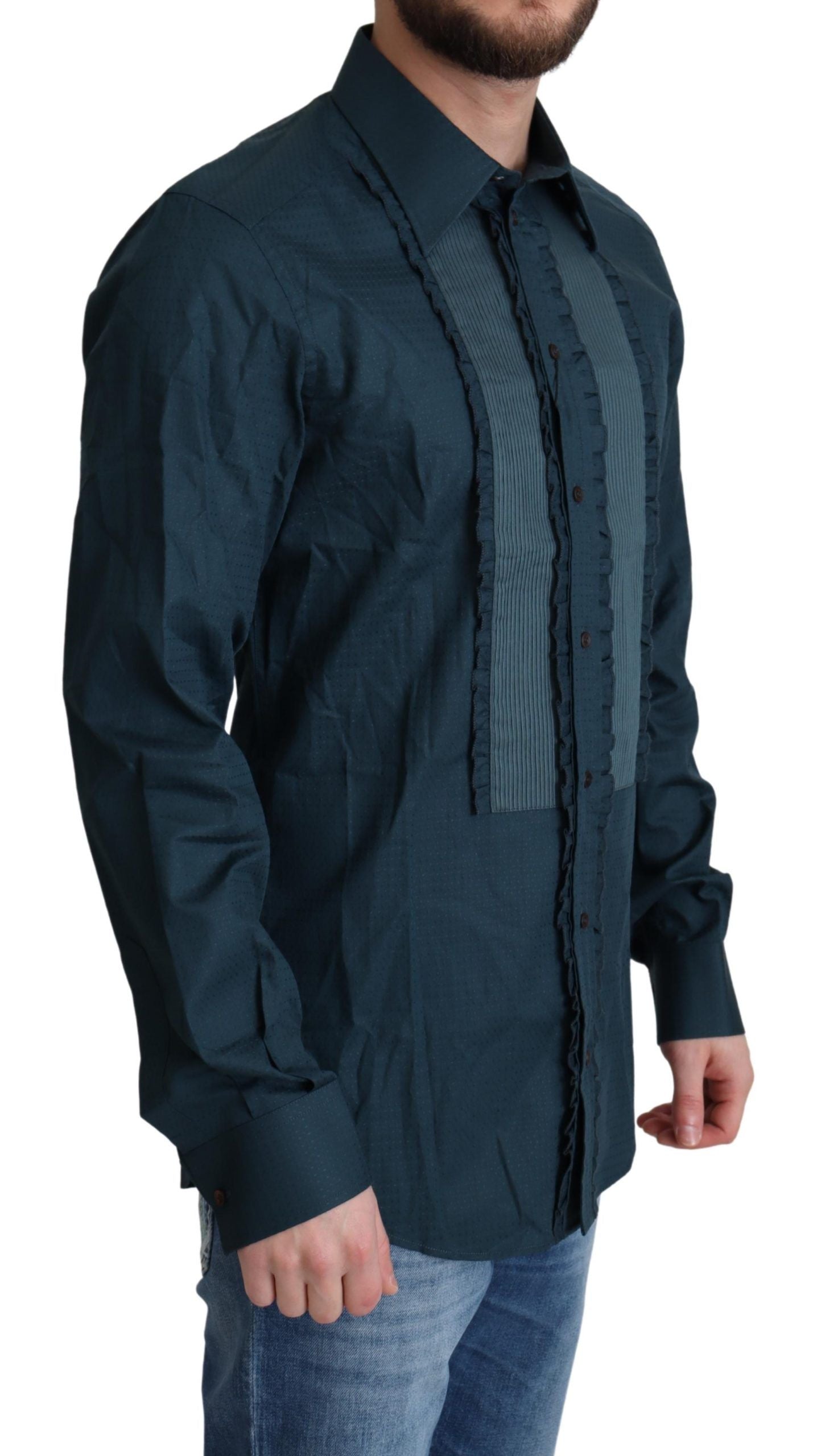 Dolce &amp; Gabbana Elegant Blue Ruffled Tuxedo Shirt