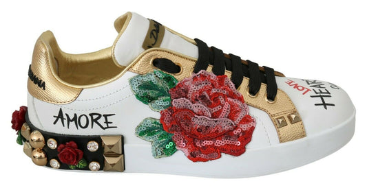 Dolce &amp; Gabbana Elegantes zapatillas deportivas de cuero con flores y lentejuelas