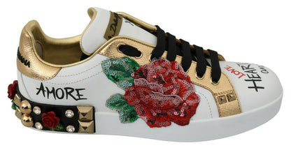Dolce &amp; Gabbana Elegantes zapatillas deportivas de cuero con flores y lentejuelas