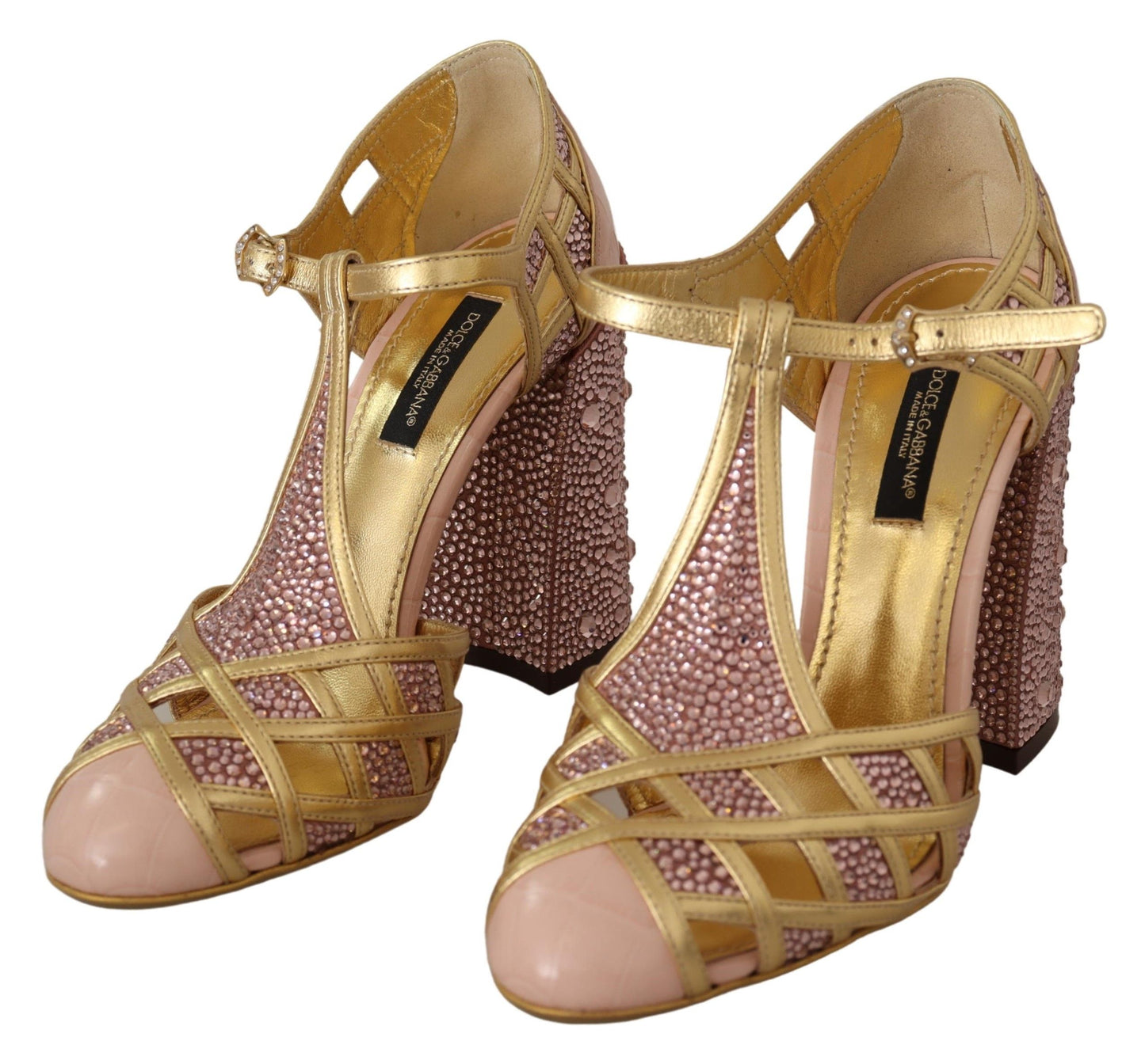 Dolce &amp; Gabbana Silk-Infused Leather Crystal Pumps in Pink Gold