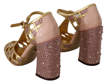 Dolce &amp; Gabbana Silk-Infused Leather Crystal Pumps in Pink Gold