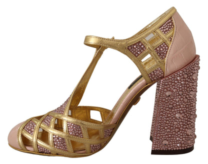 Dolce &amp; Gabbana Silk-Infused Leather Crystal Pumps in Pink Gold