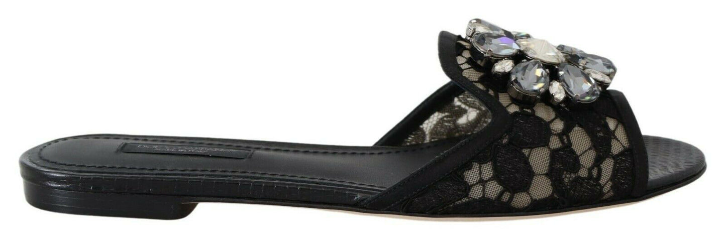 Dolce &amp; Gabbana Elegantes mulas de encaje negro con detalle de flor joya
