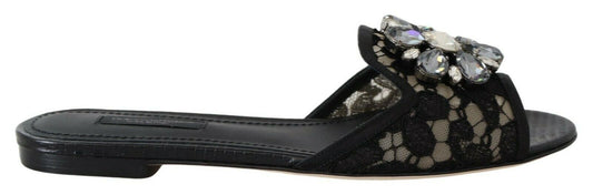 Dolce &amp; Gabbana Elegantes mulas de encaje negro con detalle de flor joya
