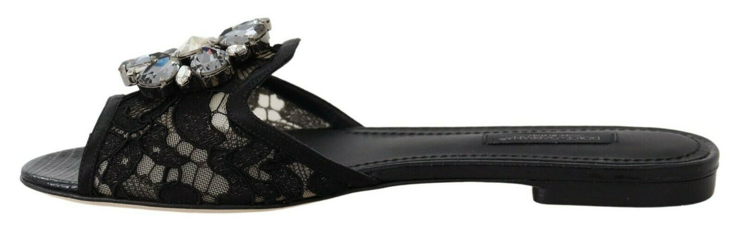 Dolce &amp; Gabbana Elegantes mulas de encaje negro con detalle de flor joya