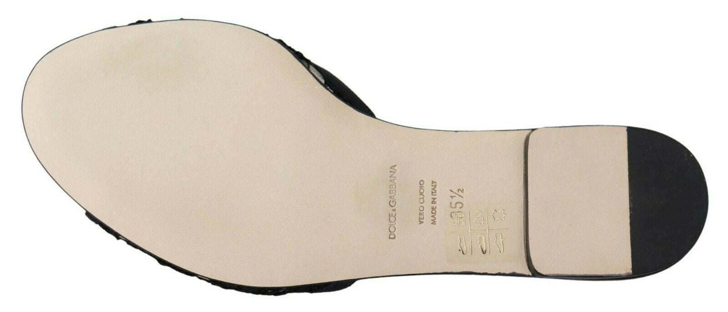Dolce &amp; Gabbana Elegantes mulas de encaje negro con detalle de flor joya