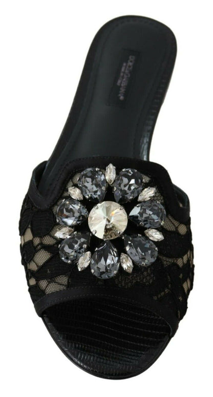 Dolce &amp; Gabbana Elegantes mulas de encaje negro con detalle de flor joya