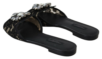 Dolce &amp; Gabbana Elegantes mulas de encaje negro con detalle de flor joya