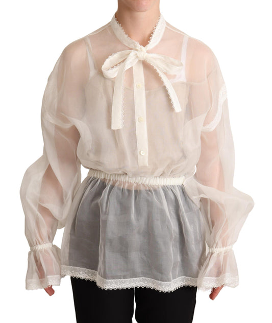 Dolce &amp; Gabbana Elegante blusa Ascot de algodón y seda blanca
