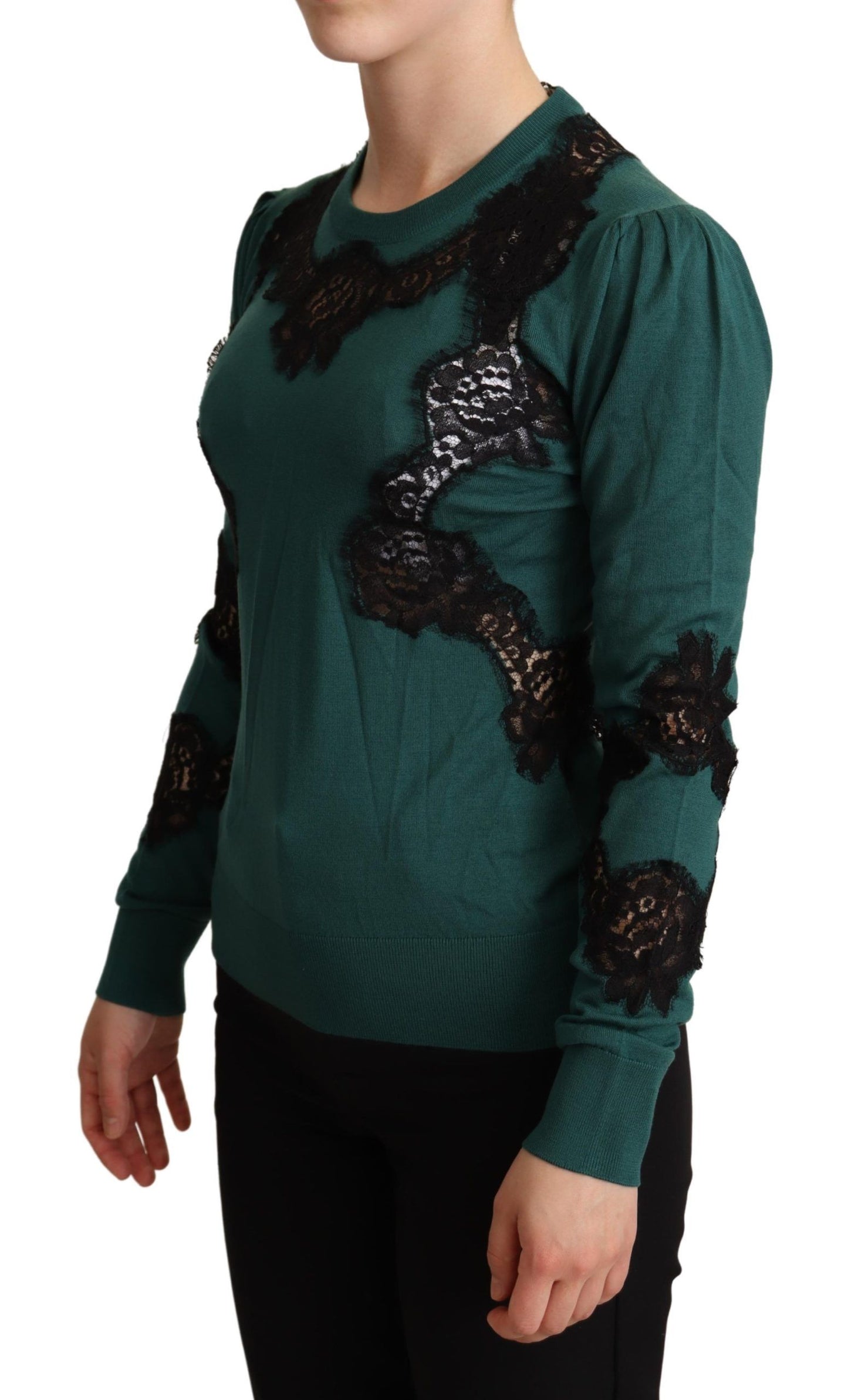 Dolce &amp; Gabbana Elegante jersey verde con detalle de encaje negro
