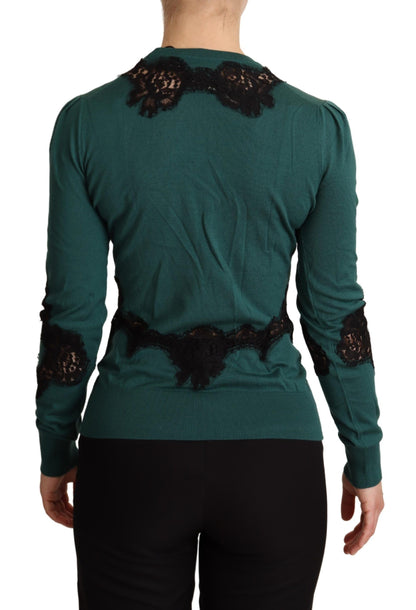 Dolce &amp; Gabbana Elegante jersey verde con detalle de encaje negro