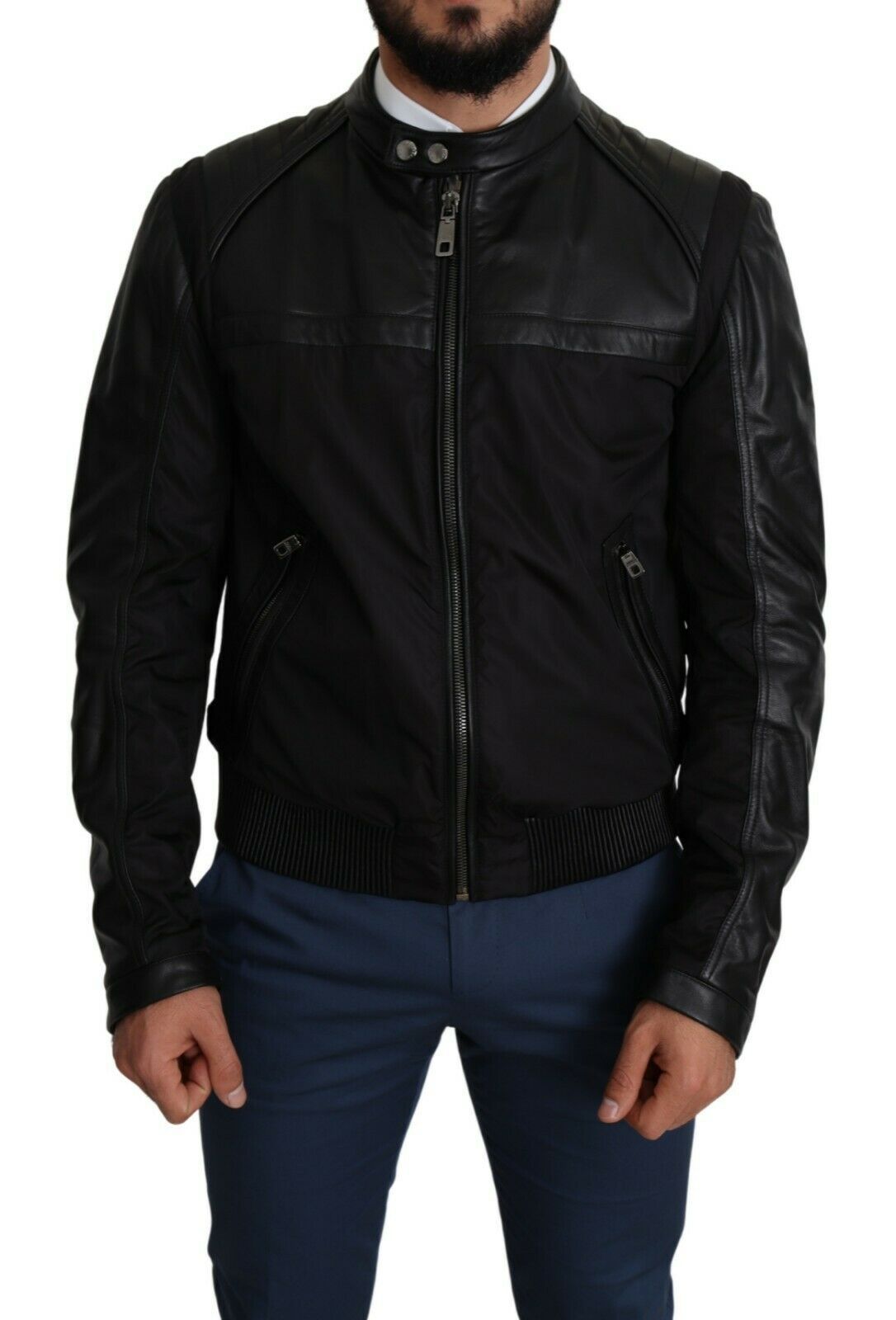 Dolce &amp; Gabbana Elegante bomber negra con detalles en cuero