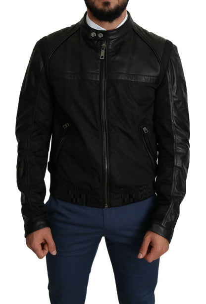 Dolce &amp; Gabbana Elegante bomber negra con detalles en cuero