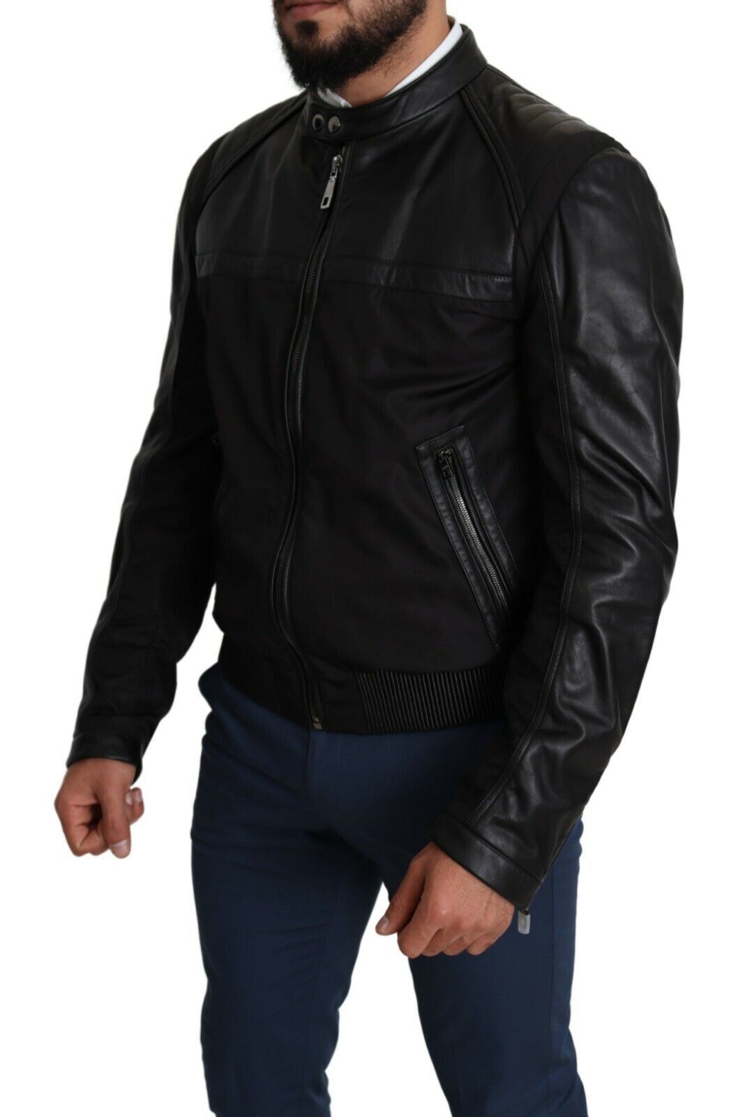 Dolce &amp; Gabbana Elegante bomber negra con detalles en cuero