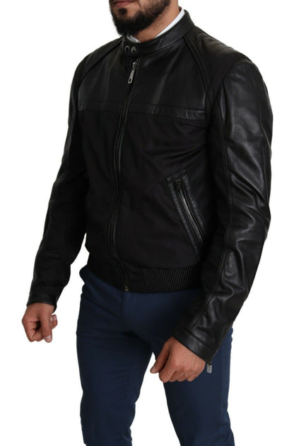 Dolce &amp; Gabbana Elegante bomber negra con detalles en cuero