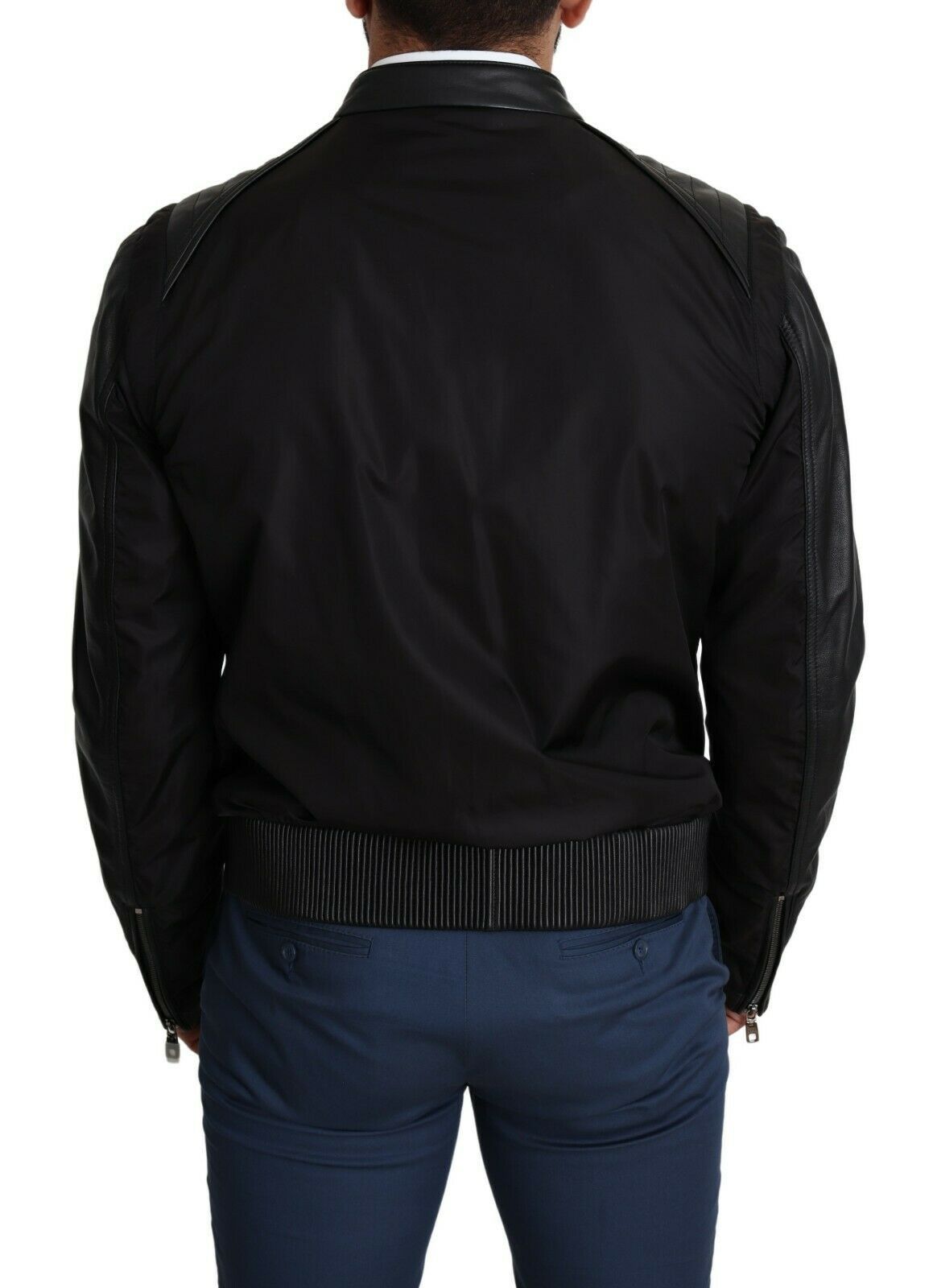 Dolce &amp; Gabbana Elegante bomber negra con detalles en cuero