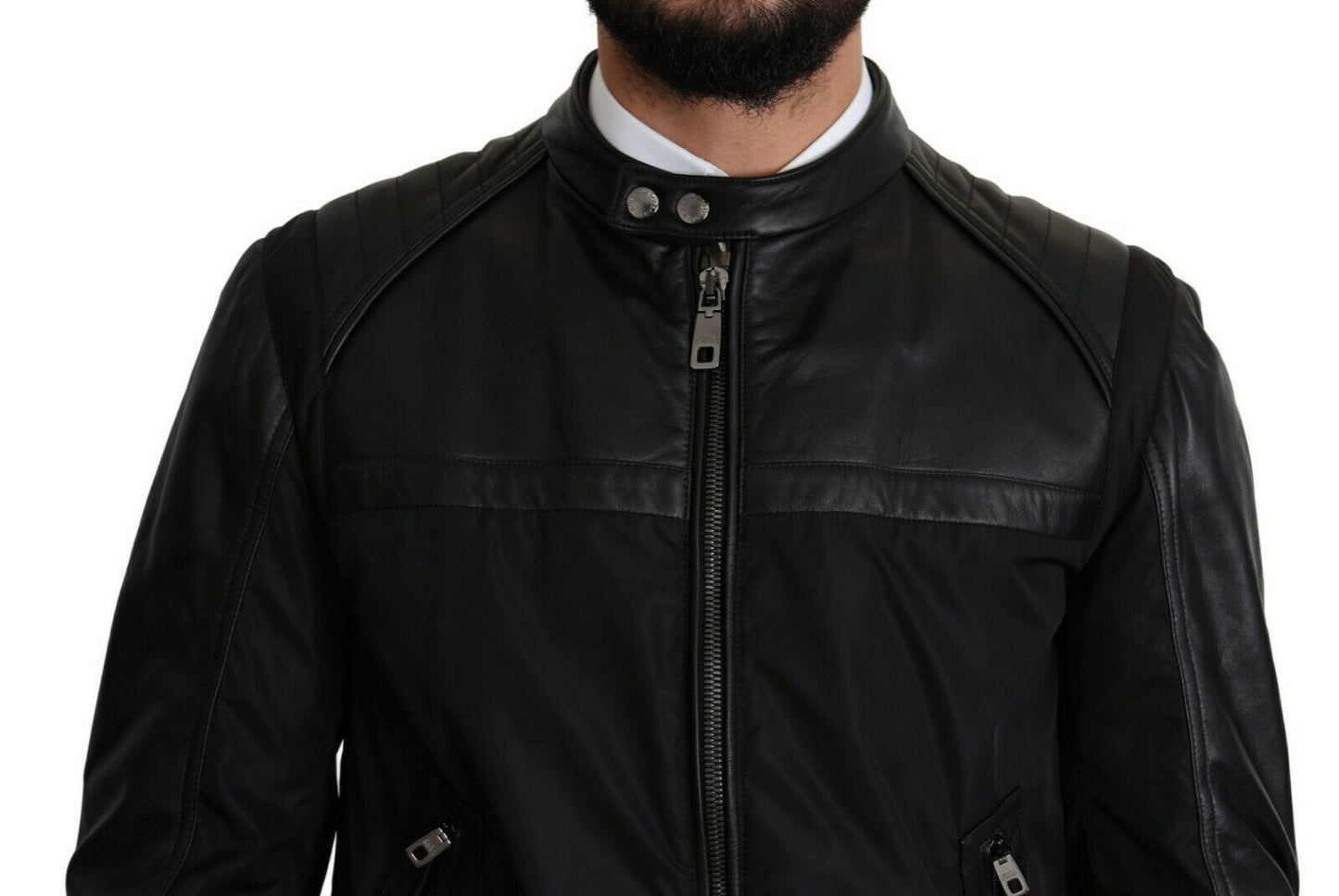 Dolce &amp; Gabbana Elegante bomber negra con detalles en cuero