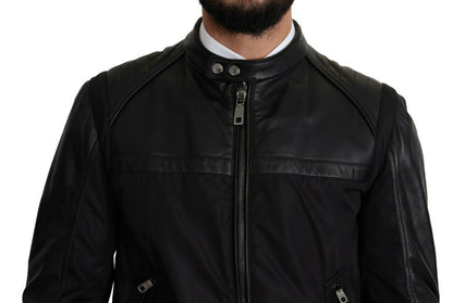 Dolce &amp; Gabbana Elegante bomber negra con detalles en cuero