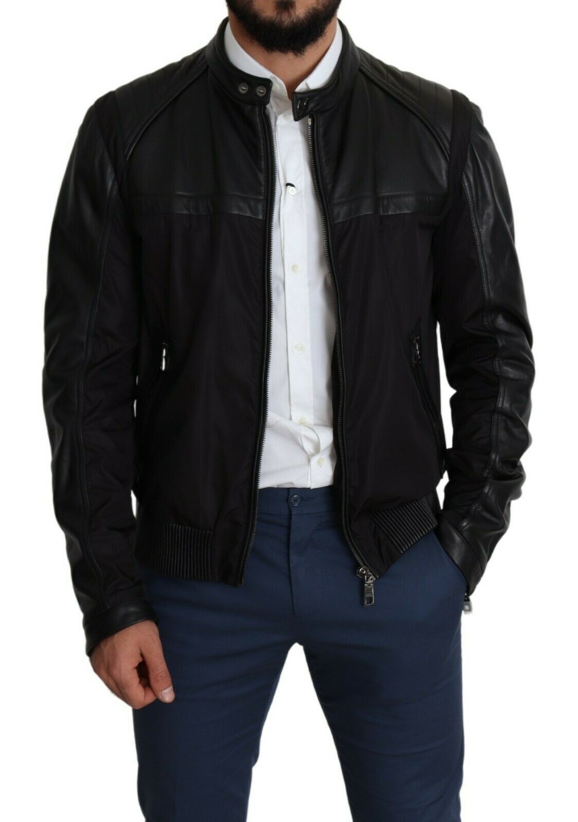 Dolce &amp; Gabbana Elegante bomber negra con detalles en cuero