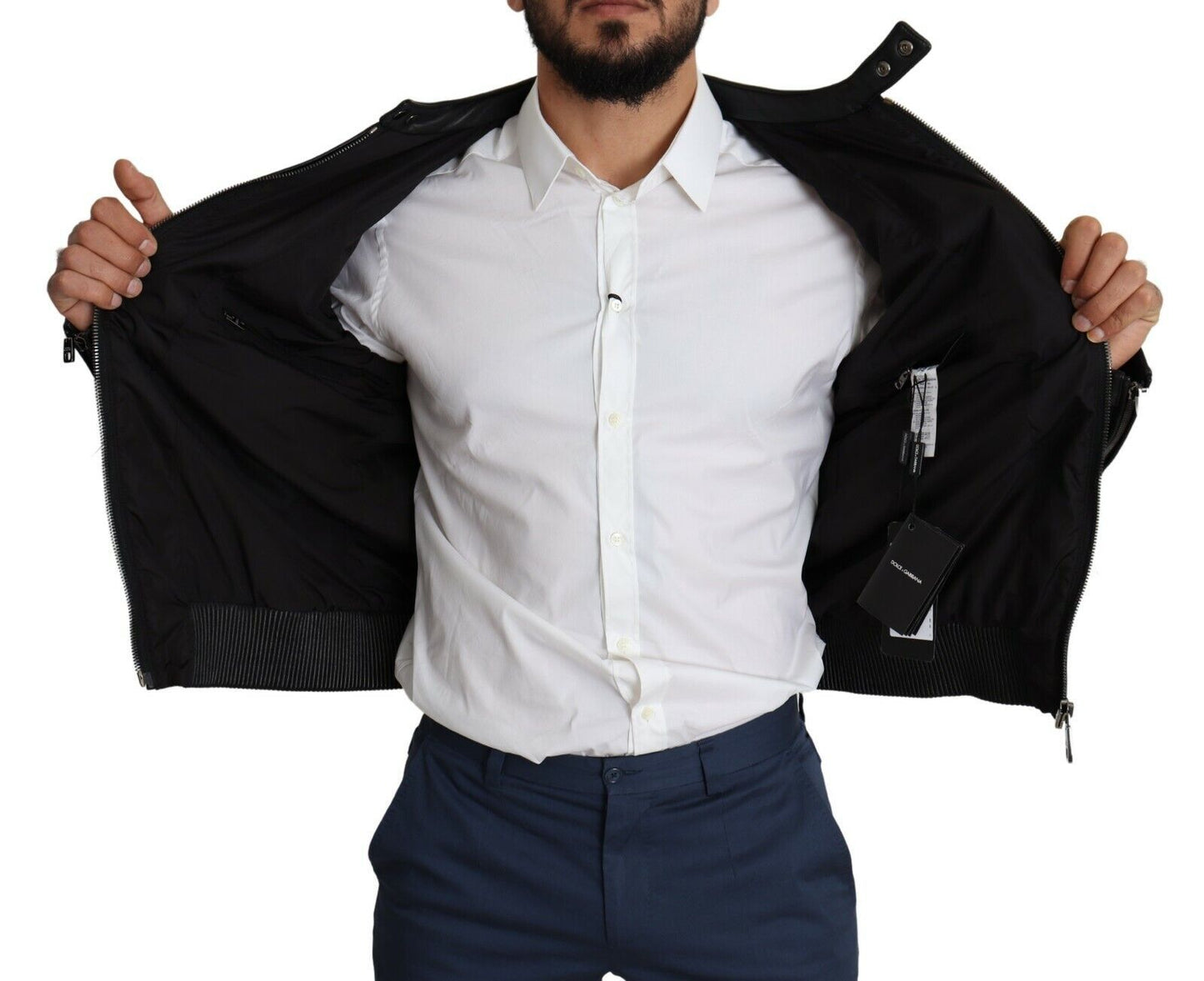 Dolce &amp; Gabbana Elegante bomber negra con detalles en cuero