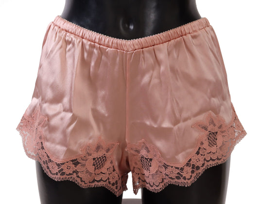 Dolce &amp; Gabbana Elegantes pantalones cortos de lencería de encaje de seda rosa empolvado