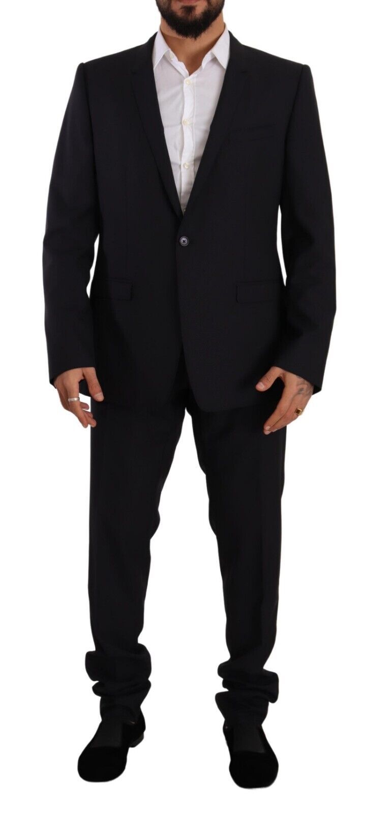 Dolce &amp; Gabbana Elegante traje de dos piezas de lana y seda azul marino de corte slim