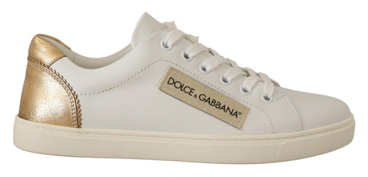 Dolce &amp; Gabbana Elegantes zapatillas deportivas de cuero blanco con detalles dorados