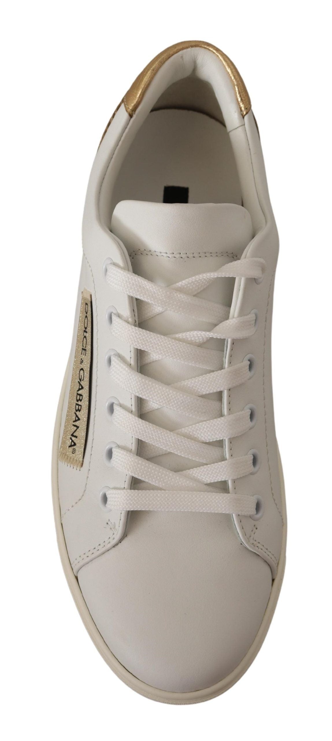 Dolce &amp; Gabbana Elegantes zapatillas deportivas de cuero blanco con detalles dorados