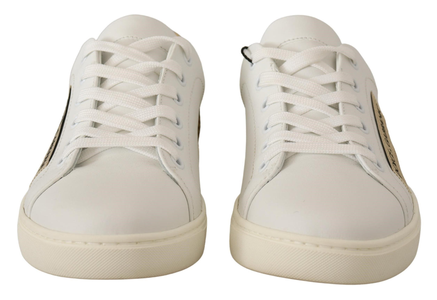 Dolce &amp; Gabbana Elegantes zapatillas deportivas de cuero blanco con detalles dorados