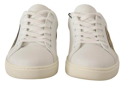 Dolce &amp; Gabbana Elegantes zapatillas deportivas de cuero blanco con detalles dorados