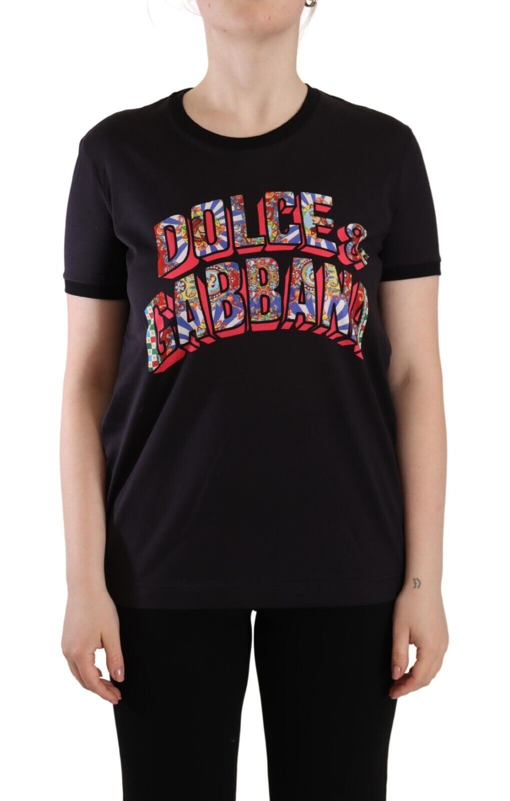 Dolce &amp; Gabbana Camiseta negra elegante con cuello redondo y logo