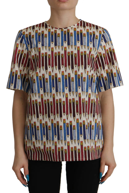 Dolce &amp; Gabbana Blusa de manga corta con estampado de lápiz blanco Chic