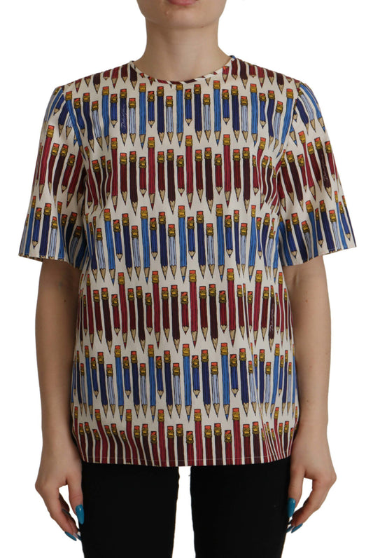 Dolce &amp; Gabbana Blusa de manga corta con estampado de lápiz blanco Chic