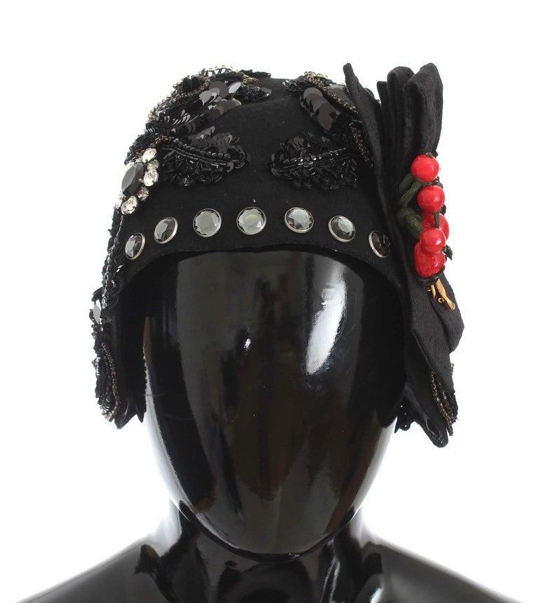 Dolce &amp; Gabbana Elegante sombrero cloche negro adornado con cristales