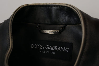 Dolce &amp; Gabbana Elegante chaqueta de cuero negra con detalles plateados