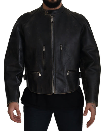 Dolce &amp; Gabbana Elegante chaqueta de cuero negra con detalles plateados