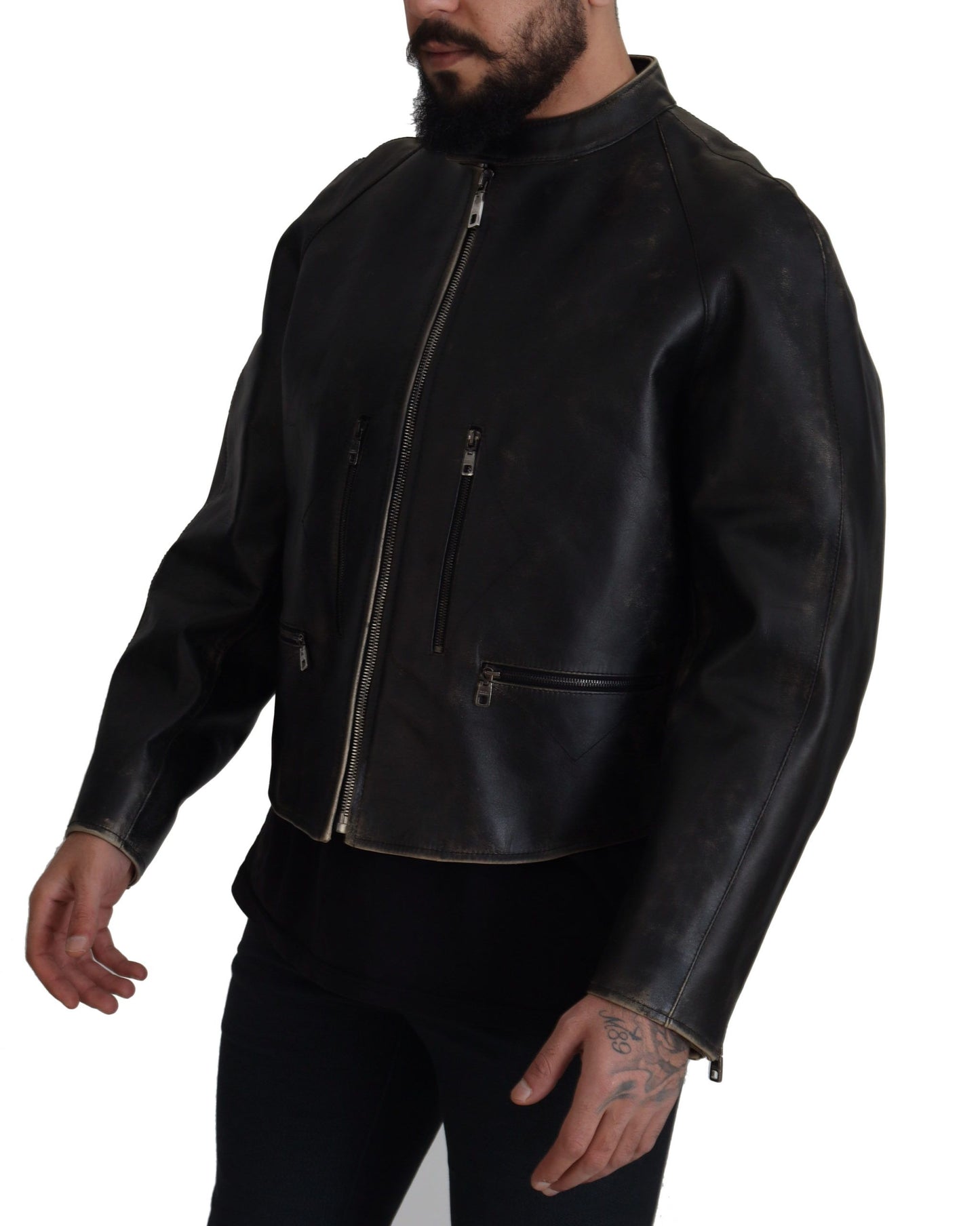 Dolce &amp; Gabbana Elegante chaqueta de cuero negra con detalles plateados