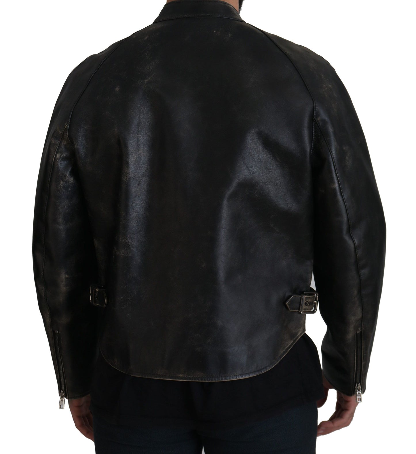 Dolce &amp; Gabbana Elegante chaqueta de cuero negra con detalles plateados