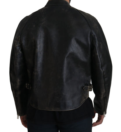 Dolce &amp; Gabbana Elegante chaqueta de cuero negra con detalles plateados