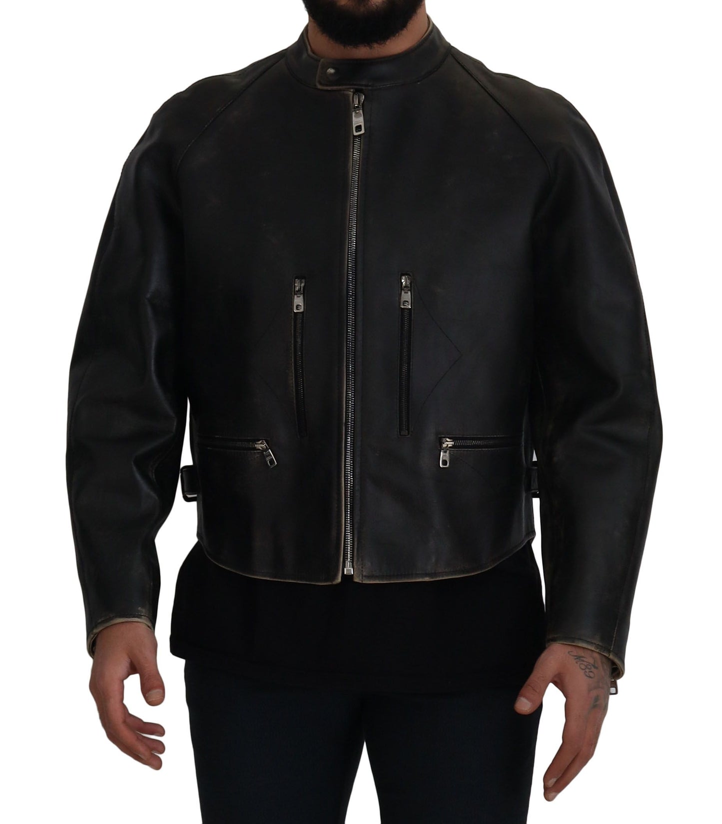 Dolce &amp; Gabbana Elegante chaqueta de cuero negra con detalles plateados