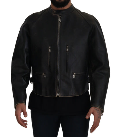 Dolce &amp; Gabbana Elegante chaqueta de cuero negra con detalles plateados