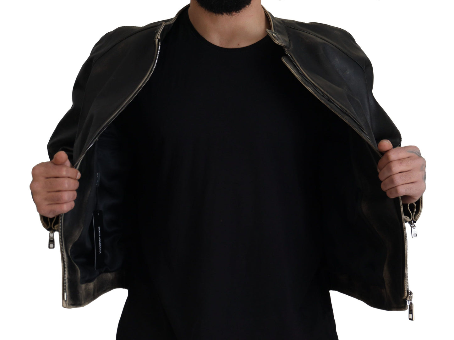 Dolce &amp; Gabbana Elegante chaqueta de cuero negra con detalles plateados