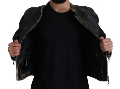 Dolce &amp; Gabbana Elegante chaqueta de cuero negra con detalles plateados