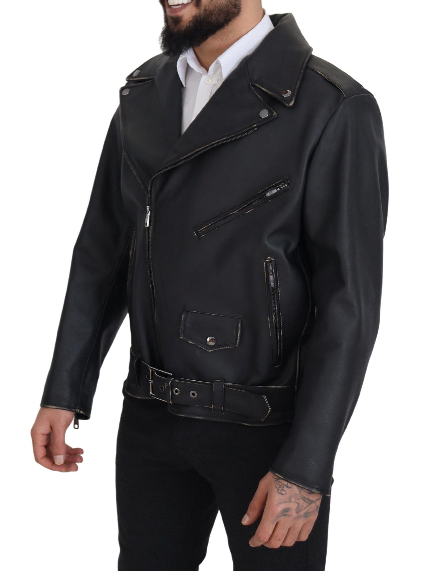 Dolce &amp; Gabbana Elegante chaqueta motera de cuero negra