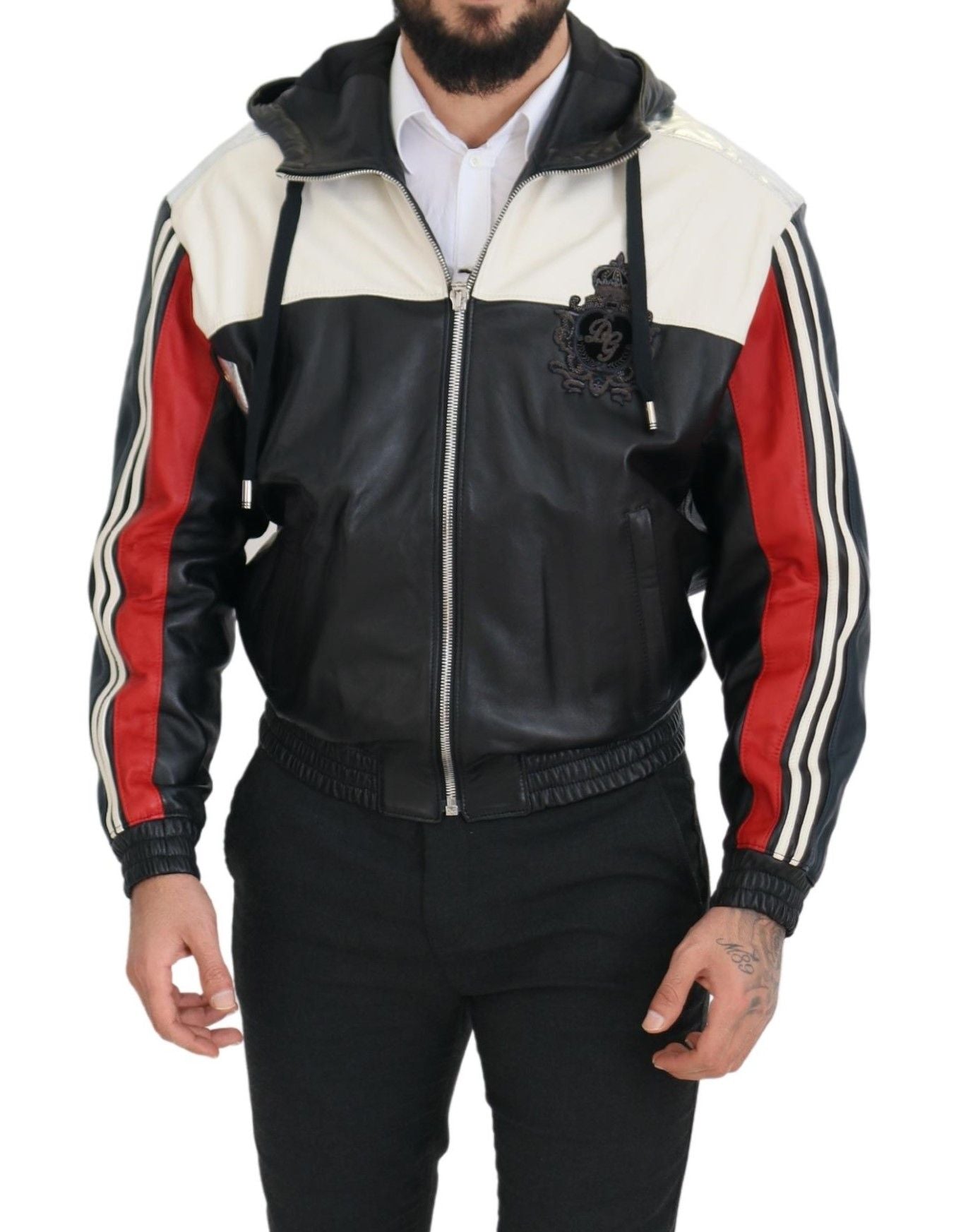 Dolce &amp; Gabbana Chaqueta bomber con capucha de cuero negra Elite