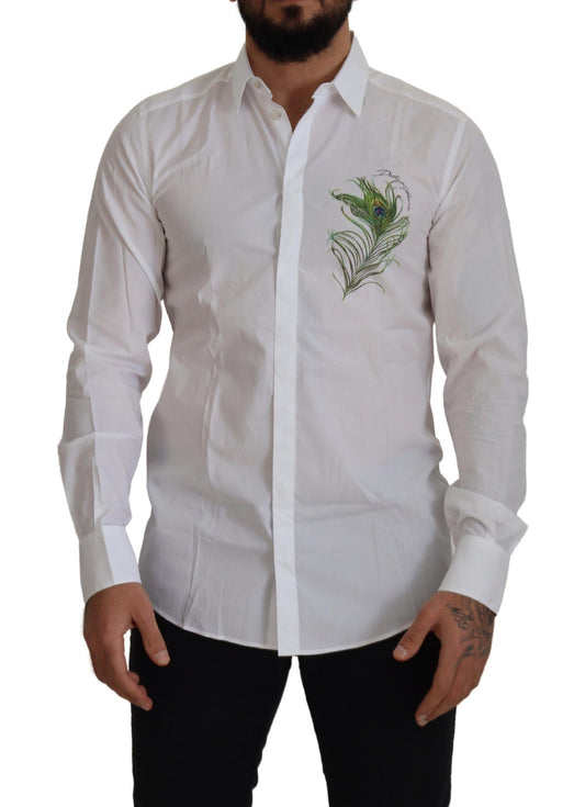 Dolce &amp; Gabbana Elegante camisa de vestir blanca con plumas de pavo real