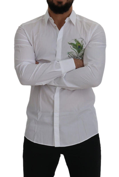 Dolce &amp; Gabbana Elegante camisa de vestir blanca con plumas de pavo real