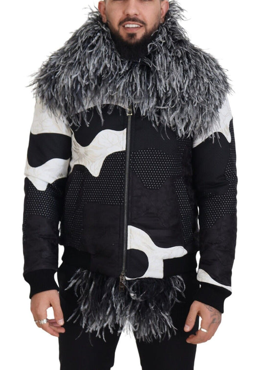 Dolce &amp; Gabbana Elegante chaqueta de piel de oveja con cremallera en blanco y negro